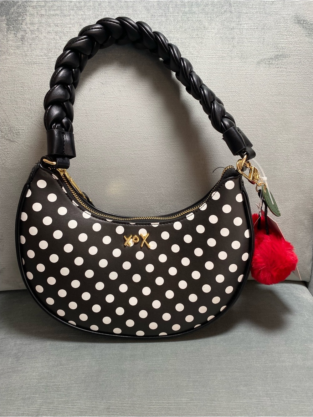 Betsey Johnson Black & White Polka Dot Shoulder Bag with Red Pom